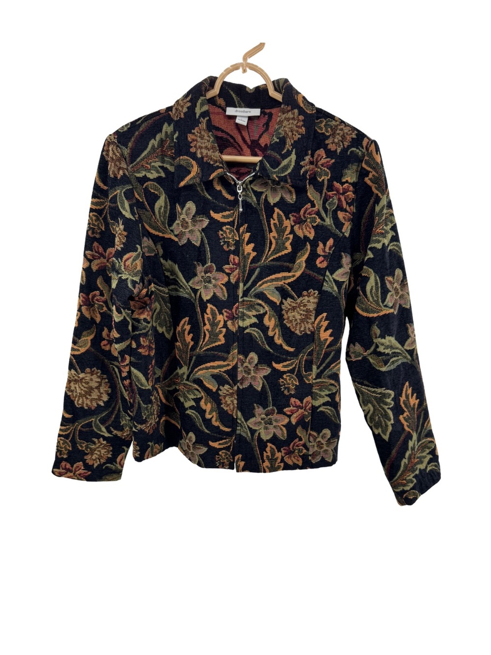 dressbarn black zip front Floral Tapestry jacket L casual fall work boho NWT